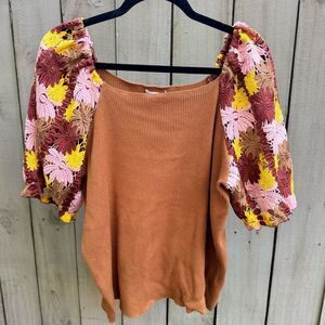 Cato Knit Top with Floral Sleeves in Brown and Yellow
